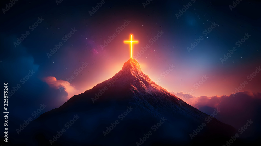 A stunning mountain silhouette with a glowing cross at its peak, symbolizing faith and spirituality at dawn. A stunning mountain silhouette with a glowing cross at its peak, symbolizing faith and spirituality at dawn.