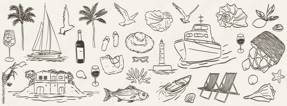 © KPstudio - Summer vacation doodle style illustration set. Vector ink hand drawn Italian coast sea or beach print elements. Sea vacation collection for invitation to beach party, picnic, wedding or save the date.
