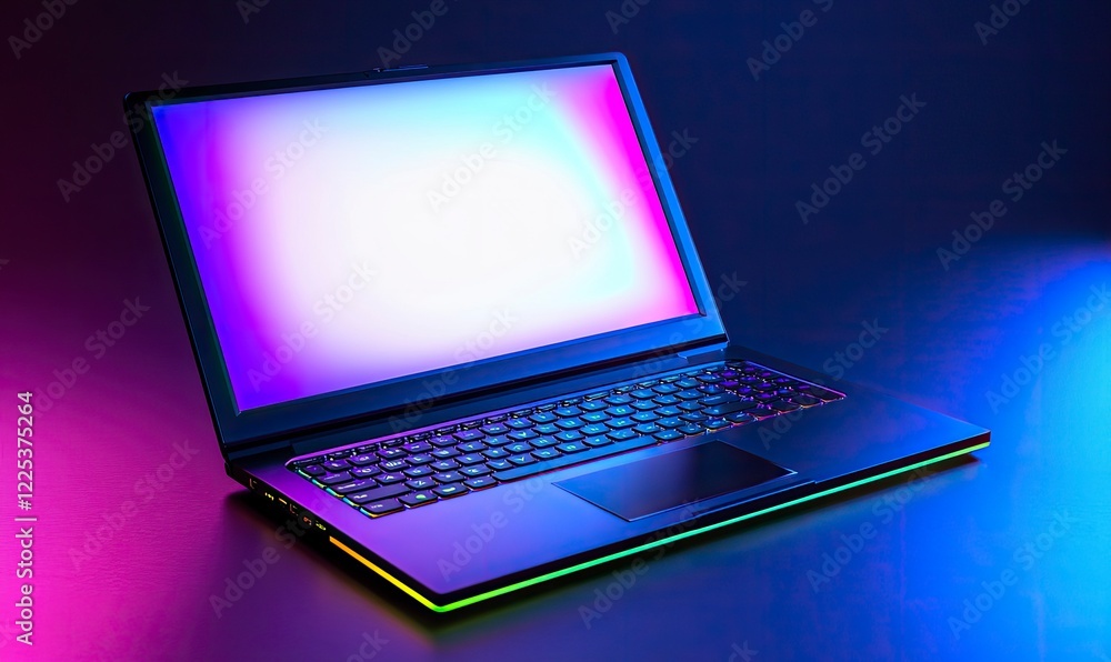 3D rendering of a modern laptop with a blank white screen on a blue and purple background, captured with a 24mm f/8 lens, 3D rendering of a modern laptop with a blank white screen on a blue and purple background, captured with a 24mm f/8 lens,