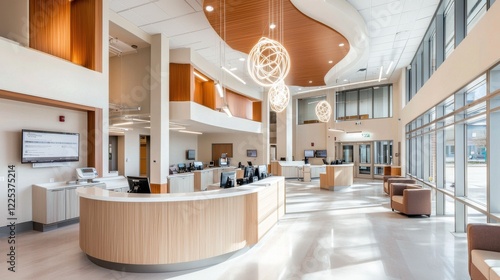 Bright and Spacious Corporate Lobby with Modern Furnishings and Architectural Details
