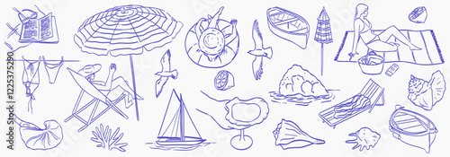 Summer vacation doodle style illustration set. Vector ink hand drawn Italian coast sea or beach print elements. Sea weekend or rest collection for invitation to beach party, picnic, wedding.