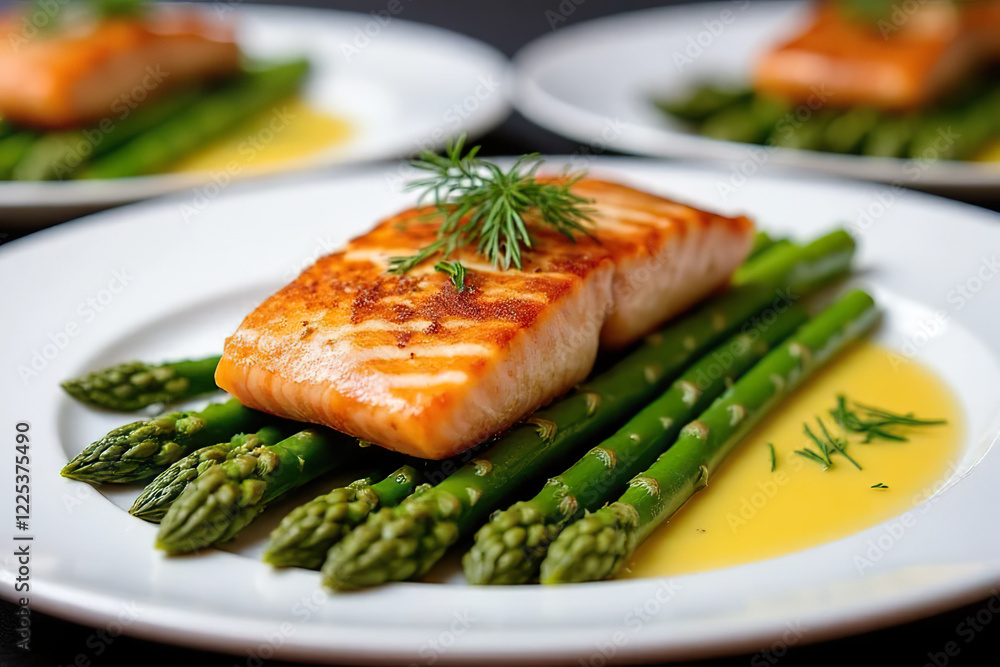 Grilled salmon fillet served on steamed asparagus with buttery sauce and garnished with fresh dill Grilled salmon fillet served on steamed asparagus with buttery sauce and garnished with fresh dill