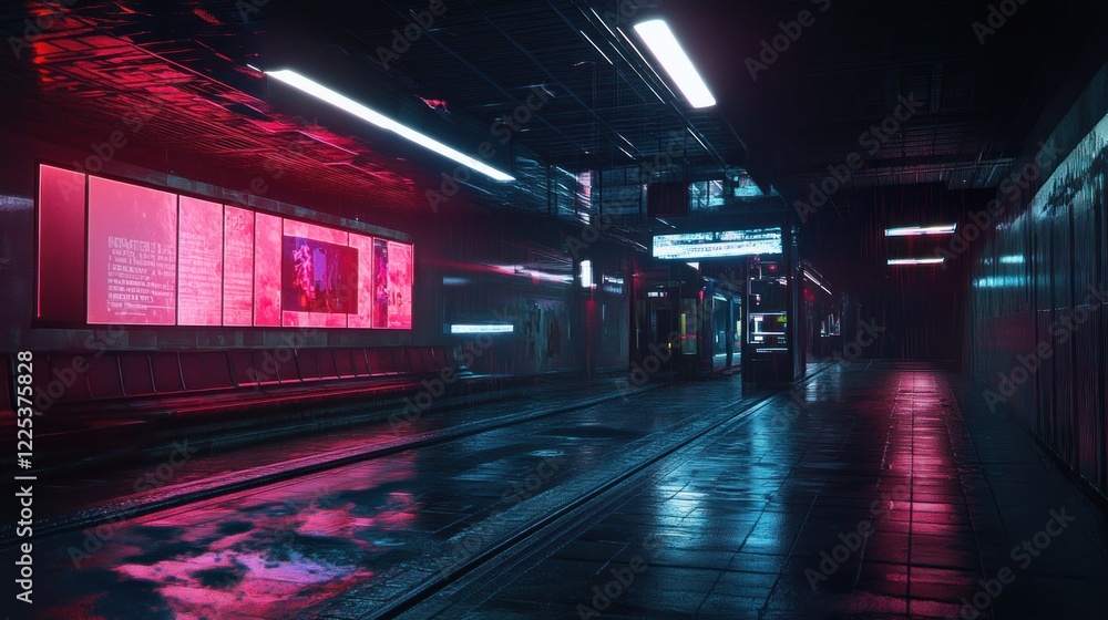 Fototapeta premium Neon Lit Rainy Night Subway Station Platform