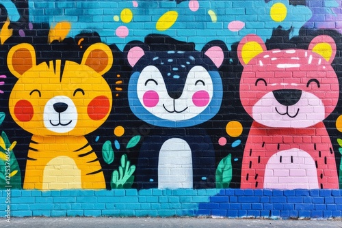 Colorful and joyful street art featuring a tiger, bear, and panther, adding a touch of whimsy to an urban brick wall