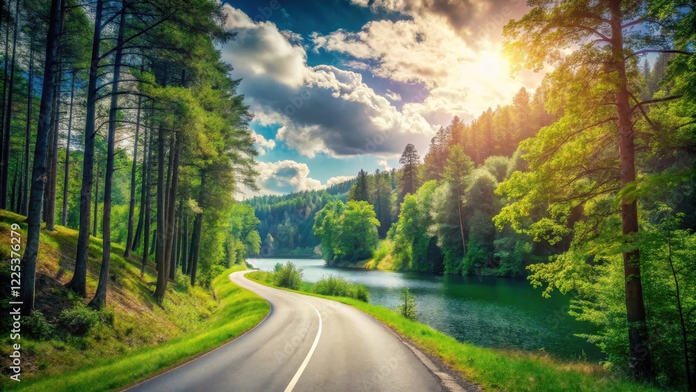 Obraz premium Serene Winding Road Beside a Tranquil Lake in a Lush Forest Landscape