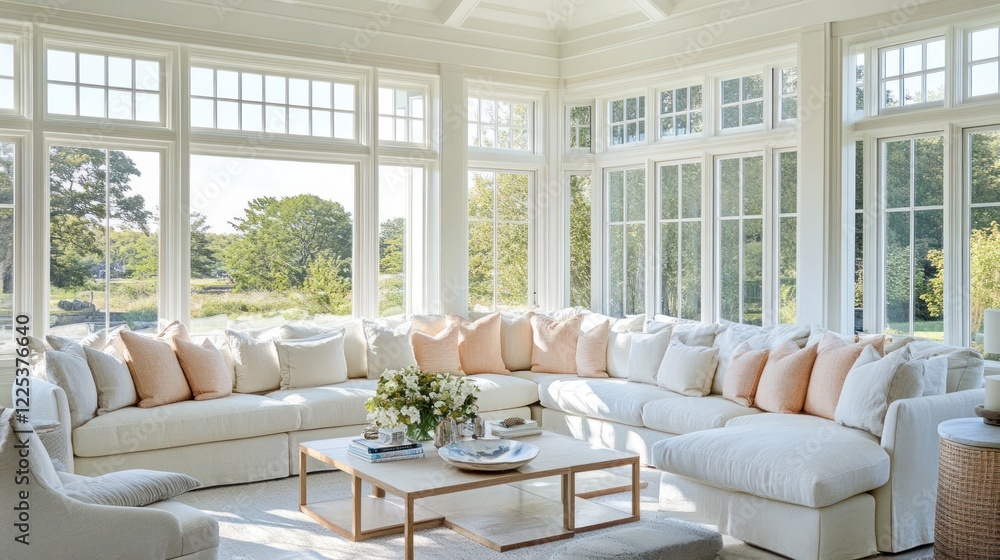 Sunlit Living Room With Sectional Sofa And Large Windows Sunlit Living Room With Sectional Sofa And Large Windows