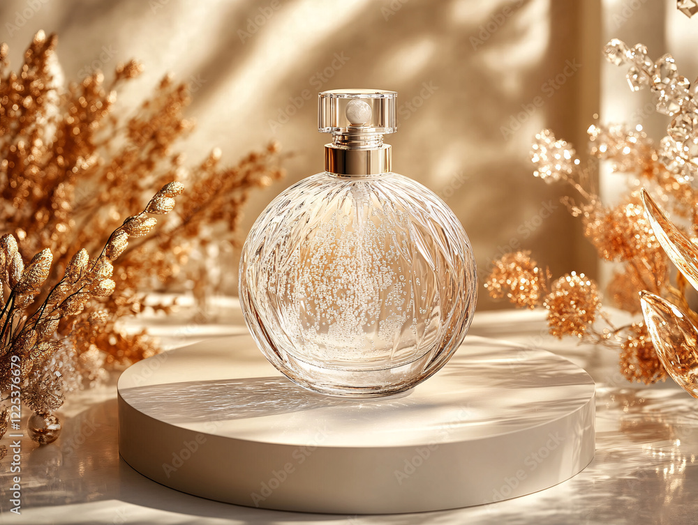 a transparent perfume bottle with a gold-colored cap, placed on a circular pedestal. The bottle is surrounded by dried, golden plants and flowers, creating a warm and luxurious ambiance. a transparent perfume bottle with a gold-colored cap, placed on a circular pedestal. The bottle is surrounded by dried, golden plants and flowers, creating a warm and luxurious ambiance.
