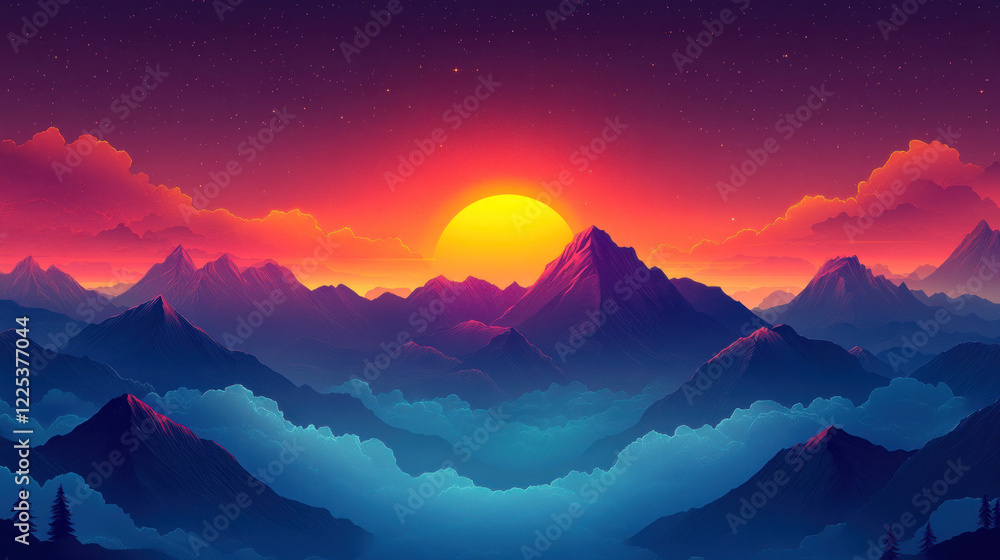 A vector wallpaper featuring flat-style illustrations of mountains and clouds in vibrant colors