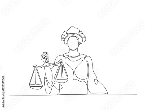 Continuous line art drawing of Themis goddess with scale. Blind lady justice with scales in hand- single line art drawing vector illustration. Editable stroke.