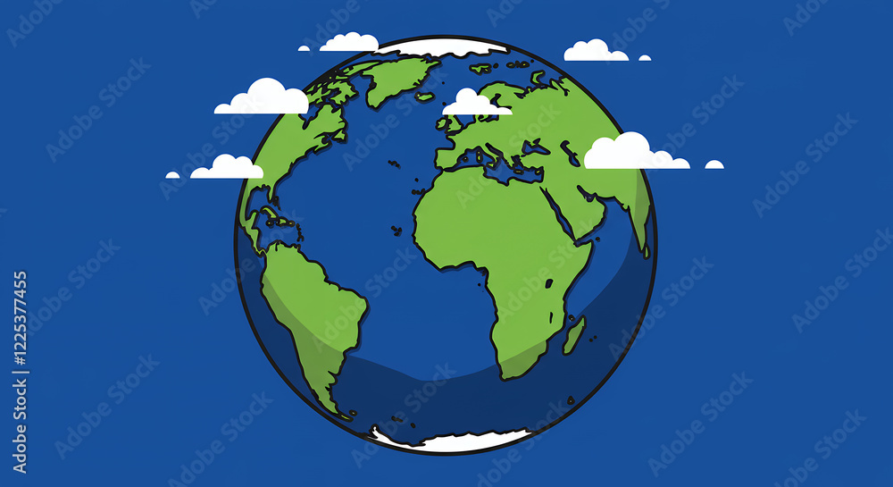 Fototapeta premium Cartoon Earth Globe Illustration with Clouds - Simple Flat Design
