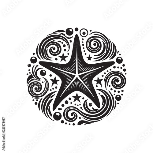 Black Color Starfish silhouette design Vector Illustration, Solid White Background (11).eps