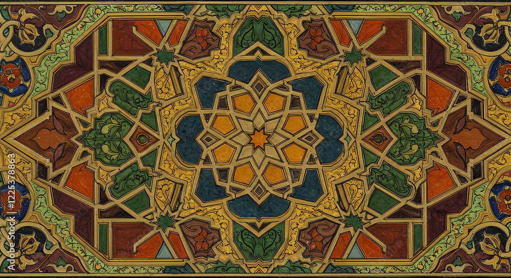 Intricate Islamic Geometric Pattern, Arabesque Design, Colorful Mosaic Tile Artwork Intricate Islamic Geometric Pattern, Arabesque Design, Colorful Mosaic Tile Artwork
