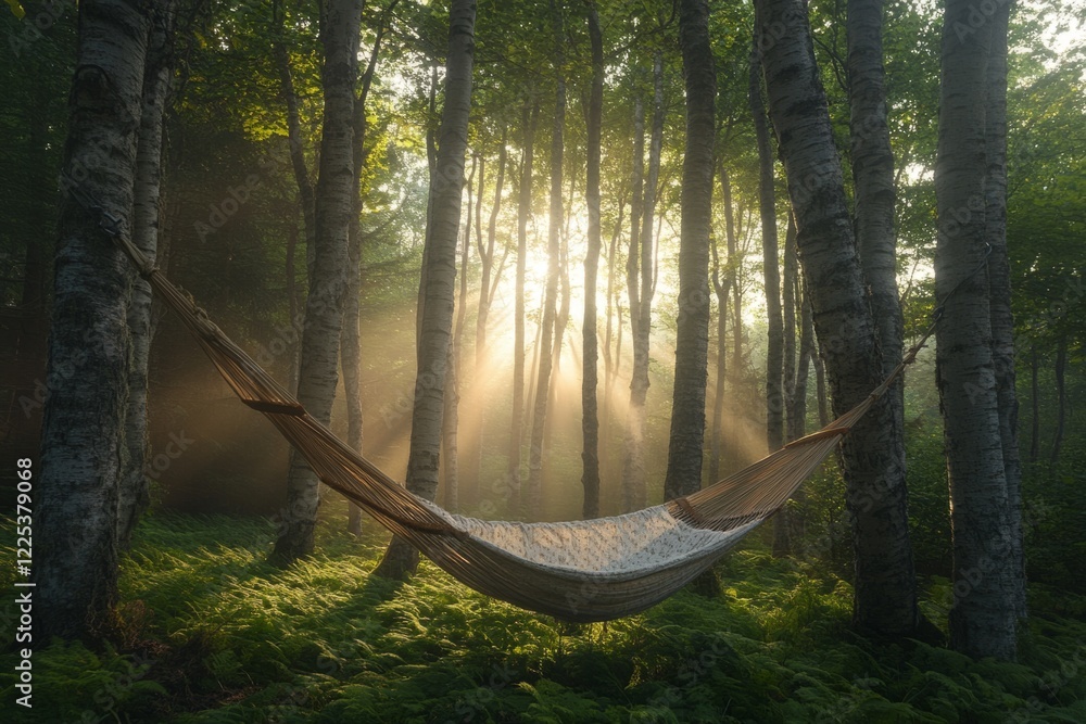 Obraz premium Empty hammock hanging between two birch trees in a misty forest illuminated by golden sunlight at sunrise, creating a peaceful and idyllic scene