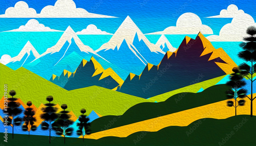 Obraz premium Mountain landscape . Pattern to print for wall decorations. Oil painting .