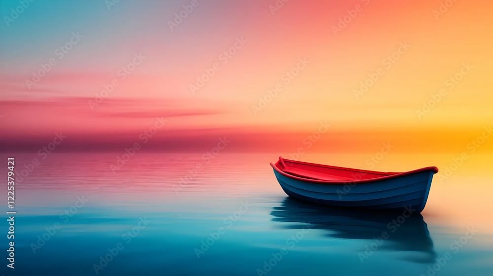 A tranquil sunset view of a lone red boat floating on calm waters, with vibrant colors painting the sky. A tranquil sunset view of a lone red boat floating on calm waters, with vibrant colors painting the sky.