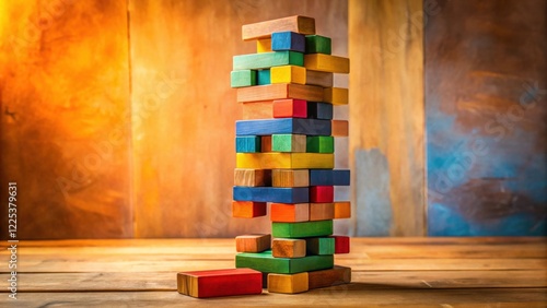 A precarious tower of colorful wooden blocks, teetering on the edge of collapse, rests on a rustic wooden surface