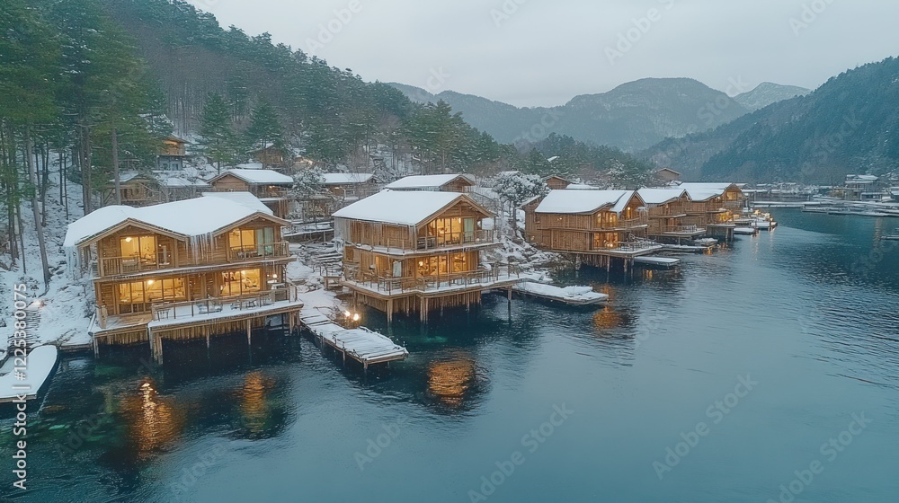 Fototapeta premium Luxury Lakeside Cabins in a Snowy Winter Wonderland
