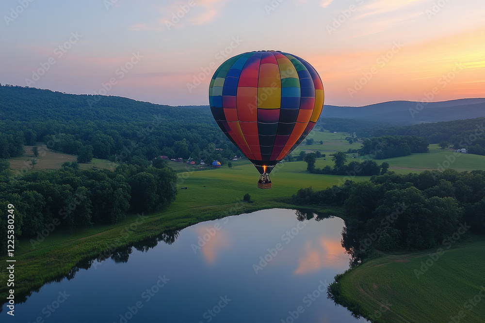 Obraz premium Vibrant hot air balloon soaring above a tranquil lake at sunset