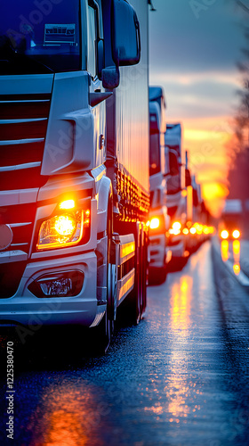 Long haul trucks driving at sunset on highway