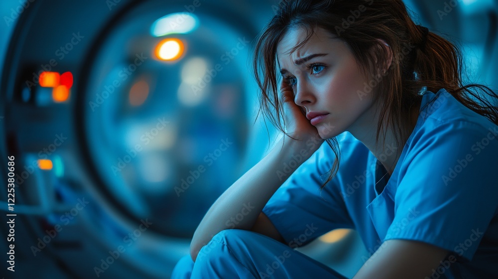Naklejka premium Exhausted nurse sitting in hospital, feeling stressed.