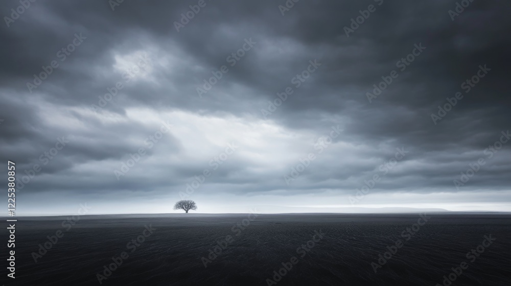 Obraz premium A solitary SUV navigating the expansive black sand terrain of Thumbmark Valley in the Icelandic Highlands beneath a dramatic overcast sky