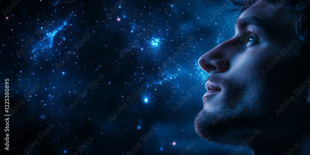 Profile of a man looking up, admiring the immensity of the universe and its bright stars Profile of a man looking up, admiring the immensity of the universe and its bright stars
