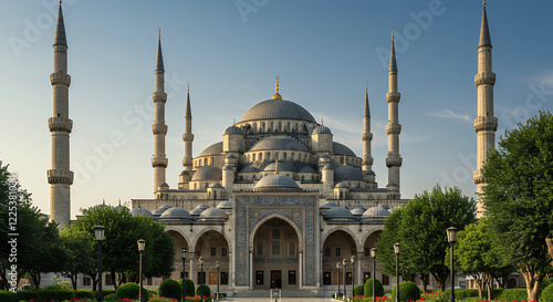 Majestic Sultan Ahmed Mosque (Blue Mosque) in Istanbul, Turkey at Sunrise photo