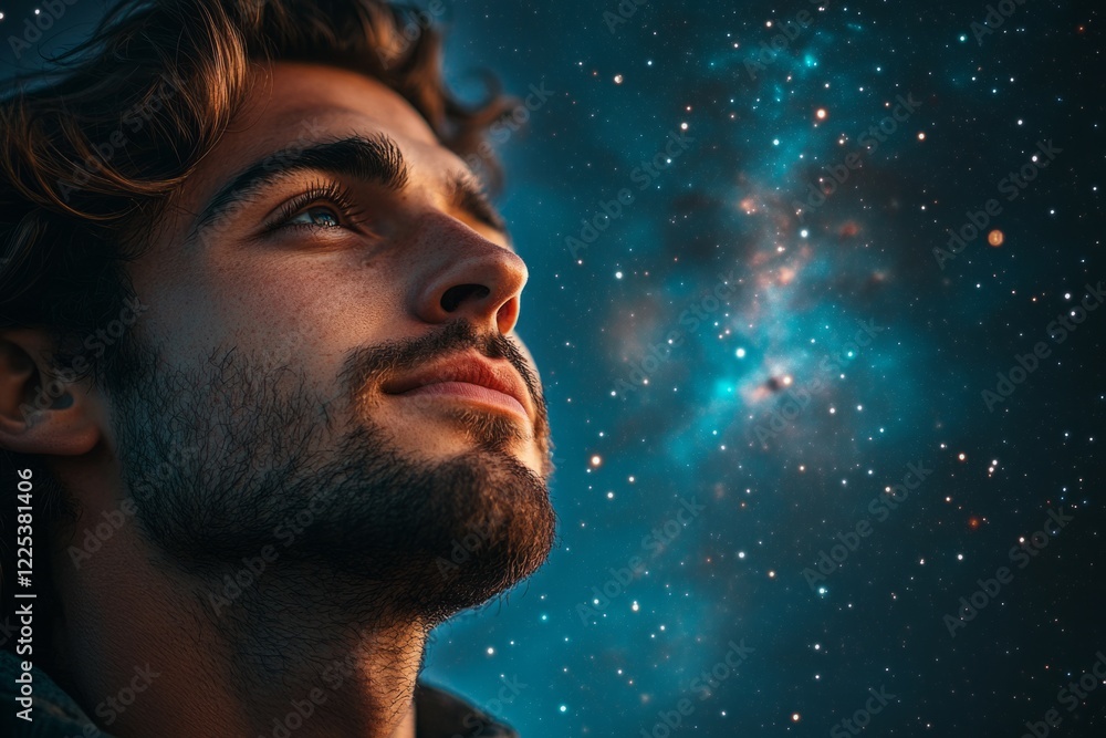 Man looking up at beautiful night sky full of stars, enjoying the vastness of universe Man looking up at beautiful night sky full of stars, enjoying the vastness of universe