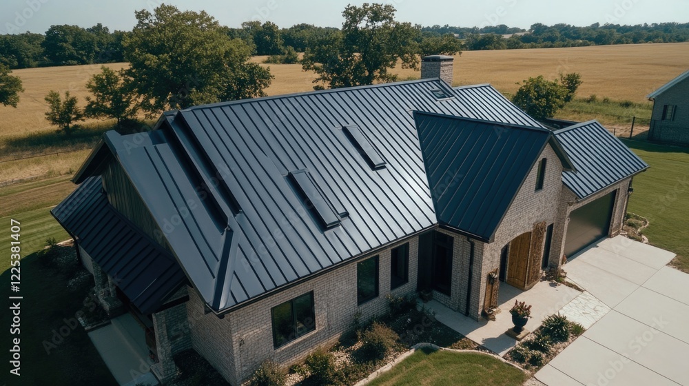 Skilled metal roofing mechanics examining blueprint instructions for steel material sizing on modern home with black metal roof against open field backdrop.