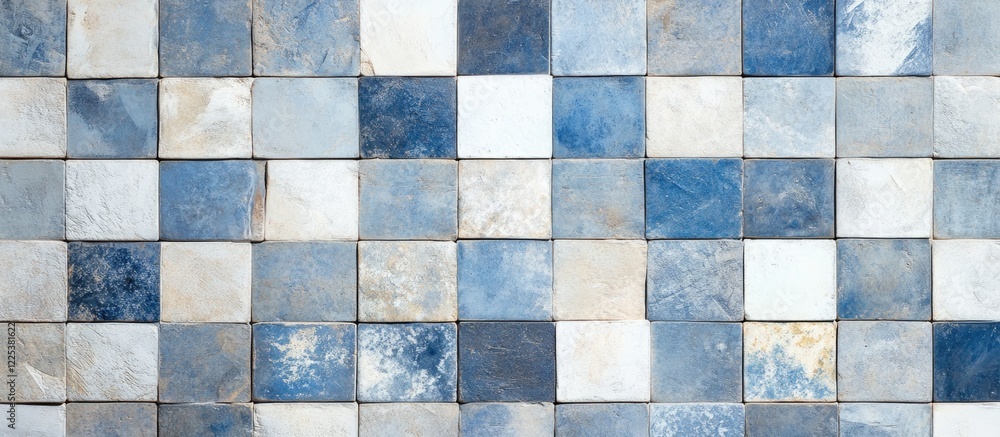 Fototapeta premium Vintage Blue Gray White Cream Sand Geometric Grunge Porcelain Tile Texture Background with Mosaic Design and Copyspace for Text