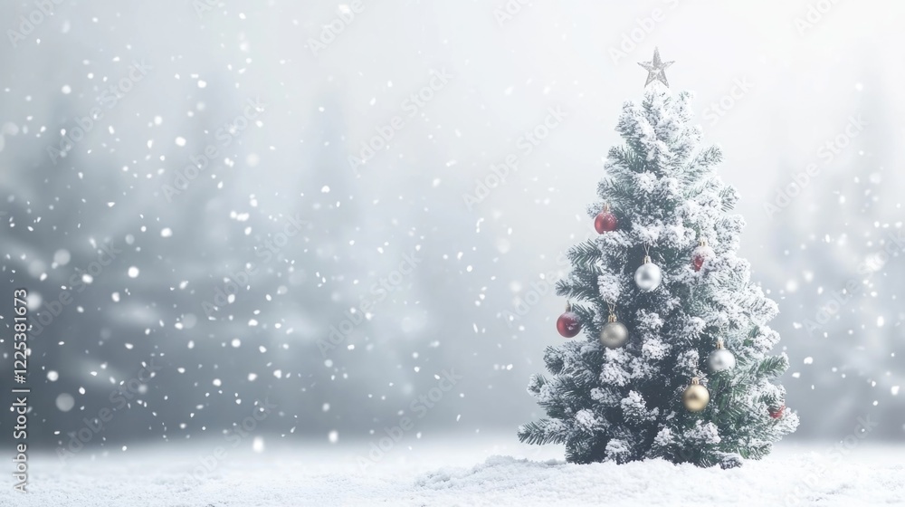 Snowy Christmas Scene with Decorated Evergreen Tree and Soft Falling Snowflakes in Winter Wonderland Landscape and Copy Space for Text Snowy Christmas Scene with Decorated Evergreen Tree and Soft Falling Snowflakes in Winter Wonderland Landscape and Copy Space for Text