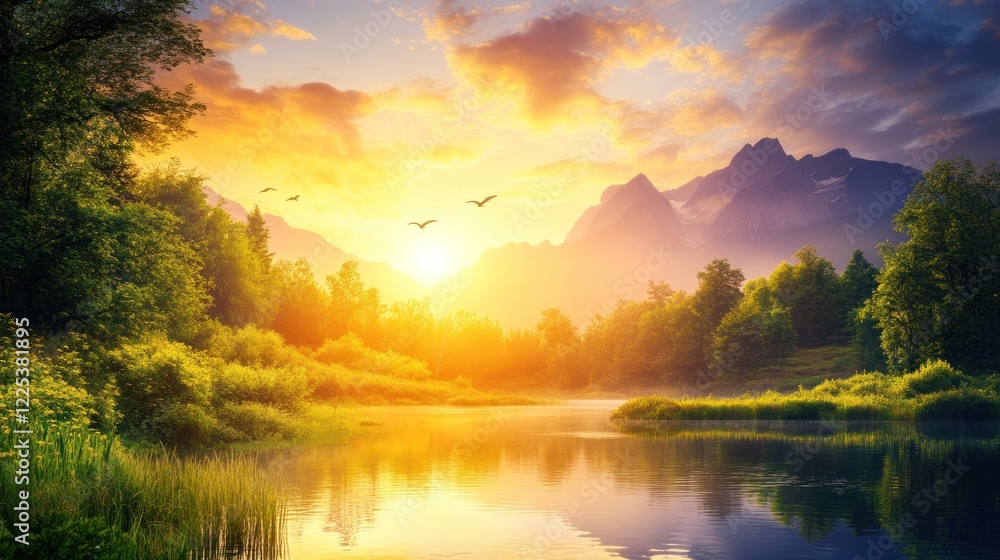 Obraz premium Serene Sunrise Over Mountain Lake And Forest