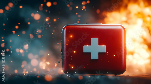 A vibrant first aid kit with a red exterior and white cross, symbolizing safety and emergency preparedness. photo