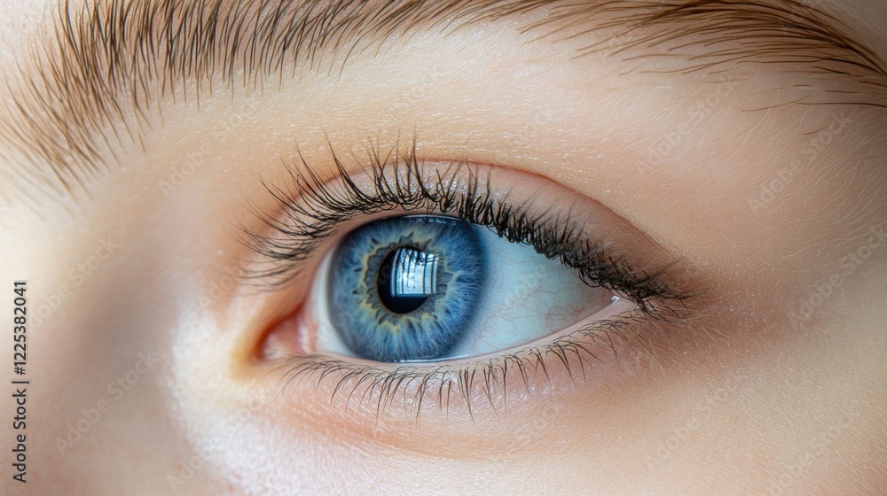 Obraz premium Close-up of striking blue human eye with detailed eyelashes against a soft neutral background, ideal for product advertising and marketing materials.