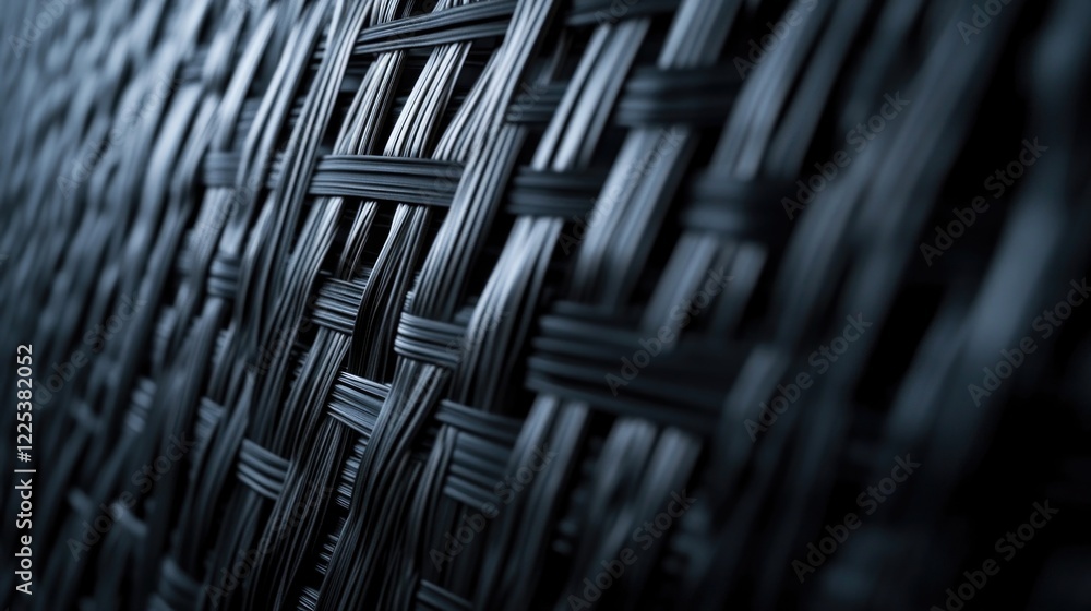 Close up of textured black rattan wicker panel created from natural reed fibers with soft shadows and empty space for text background Close up of textured black rattan wicker panel created from natural reed fibers with soft shadows and empty space for text background