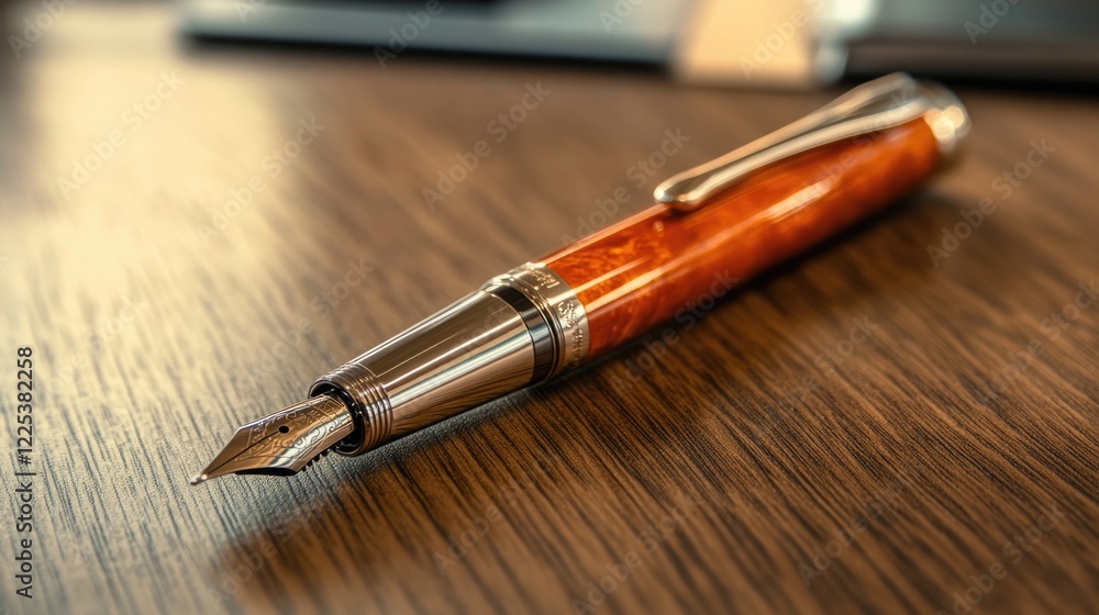 Elegant fountain pen resting on polished wooden desk, symbolizing collaboration and project planning in a modern office setting. Elegant fountain pen resting on polished wooden desk, symbolizing collaboration and project planning in a modern office setting.