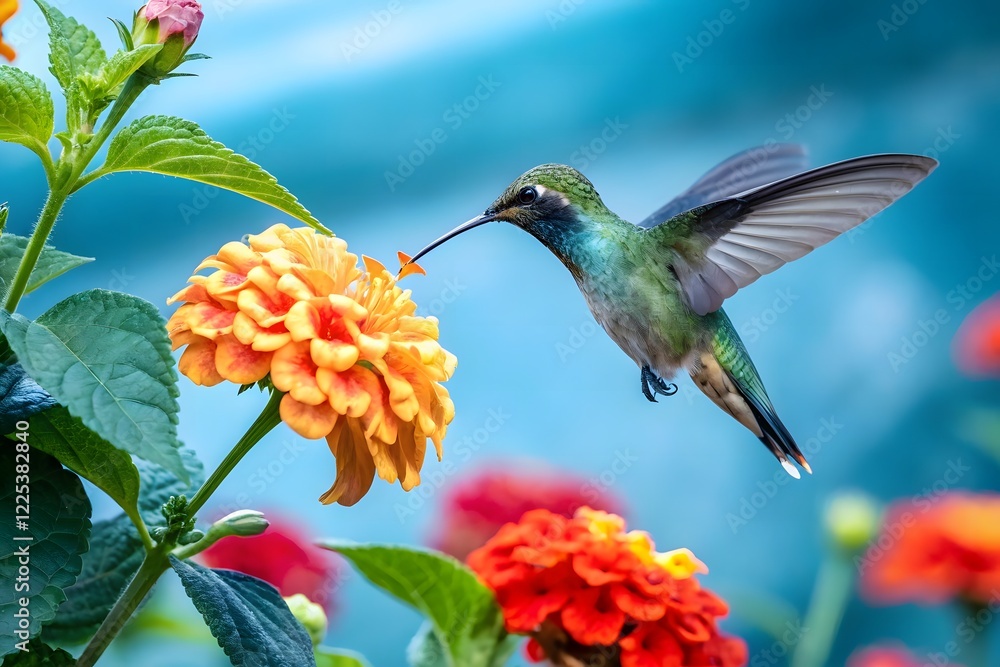 Naklejka premium A Captivating Moment of a Hummingbird in Mid-Flight Gracefully Drinking Nectar from a Vibrant, Colorful Flower, Showcasing Nature's Elegance and Beauty in Motion.