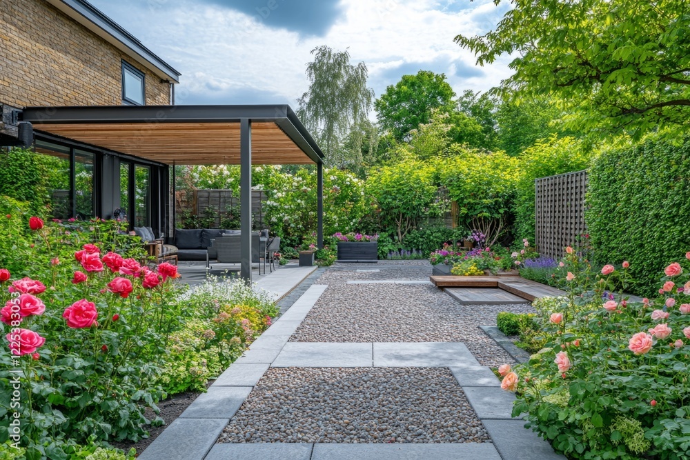 Obraz premium Stunning contemporary garden showcasing a gravel patio, wooden pergola, and vibrant rose bushes, creating a tranquil outdoor space