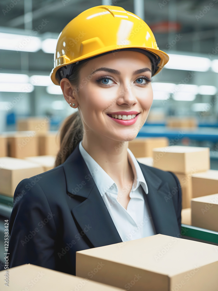Portrait of beautiful business woman in yellow hard hat smiling, factory background, workplace female manager