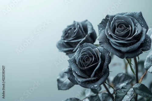 Moody close-up of dark roses covered in water droplets, creating a melancholic and elegant atmosphere