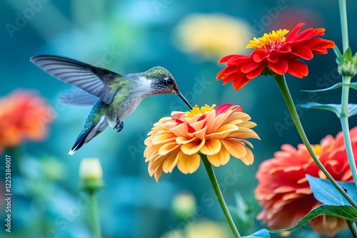 A Captivating Moment of a Hummingbird in Mid-Flight Gracefully Drinking Nectar from a Vibrant, Colorful Flower, Showcasing Nature's Elegance and Beauty in Motion. photo