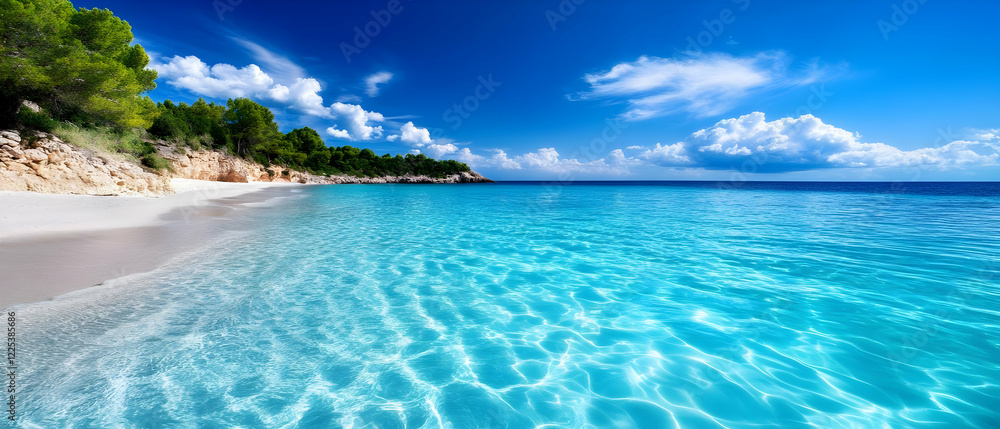 Fototapeta premium Stunning beach view with clear turquoise water and blue sky, perfect for relaxation and vacation imagery.