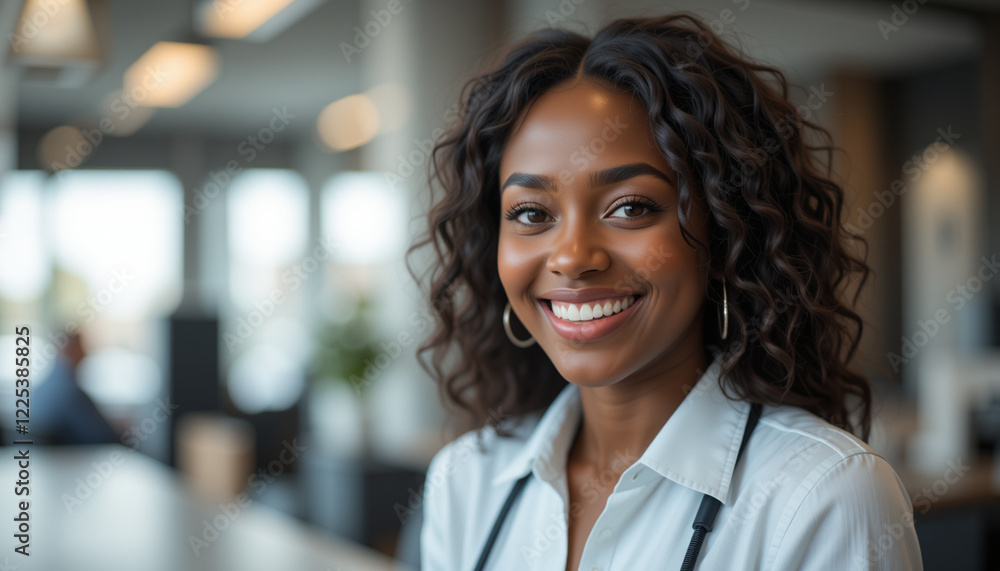 Afro-American receptionist or secretary smiling at work in a professional office setting. Afro-American receptionist or secretary smiling at work in a professional office setting.