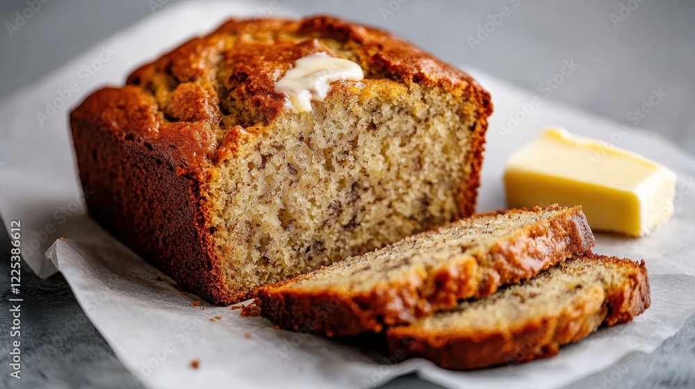 A rustic loaf of banana bread sliced and served with butter. A rustic loaf of banana bread sliced and served with butter.
