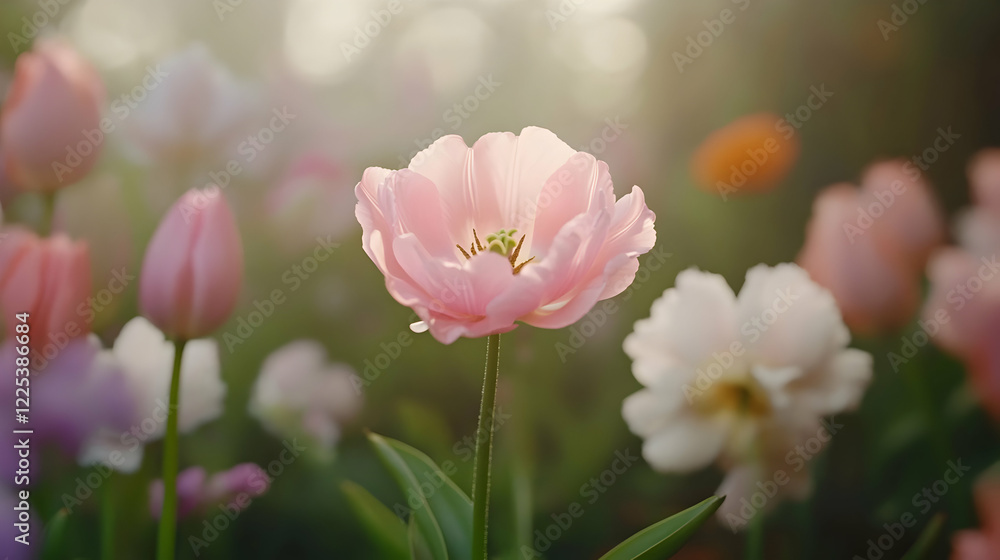 Delicate Pink Tulip Surrounded by Soft Focus Floral Background in Blooming Garden Setting Delicate Pink Tulip Surrounded by Soft Focus Floral Background in Blooming Garden Setting