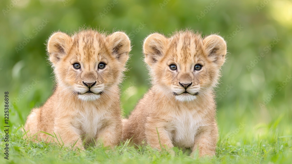 Two lion cubs sitting in grass, nature background, wildlife image, perfect for calendars Two lion cubs sitting in grass, nature background, wildlife image, perfect for calendars