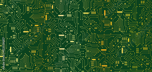 Technology green and golden circuit diagram concept. stock illustration.