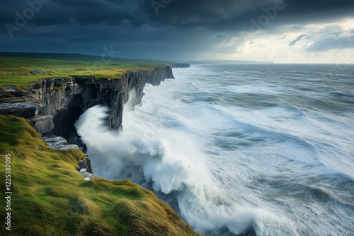 Coastal Cliff With Massive Waves Crashing Against Rocks Under Dark Stormy Sky. Powerful Ocean Landscape Depicting Raw Natures Force. Perfect For Environmental And Weather Themes. AI generated