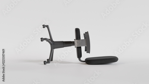 A black office chair tipped over on a white background. The image captures a moment of instability and failure, suggesting themes of end, failure and change.