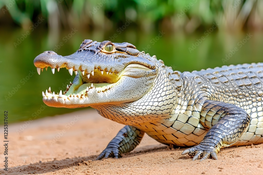 Fototapeta premium Close-Up of Crocodile with Exposed Teeth Near Water's Edge